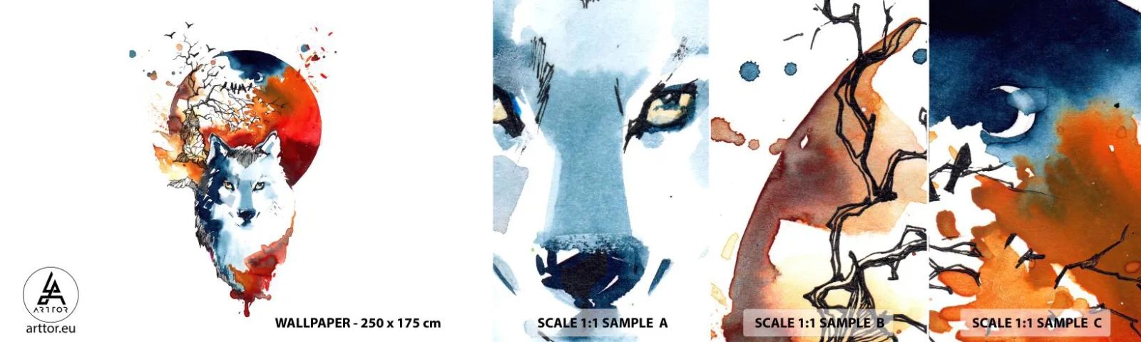 Amostra de Papel de Parede Standard Eco - Nariz a nariz com a noite - Abstração, Animais, Lobo - 100x30 cm