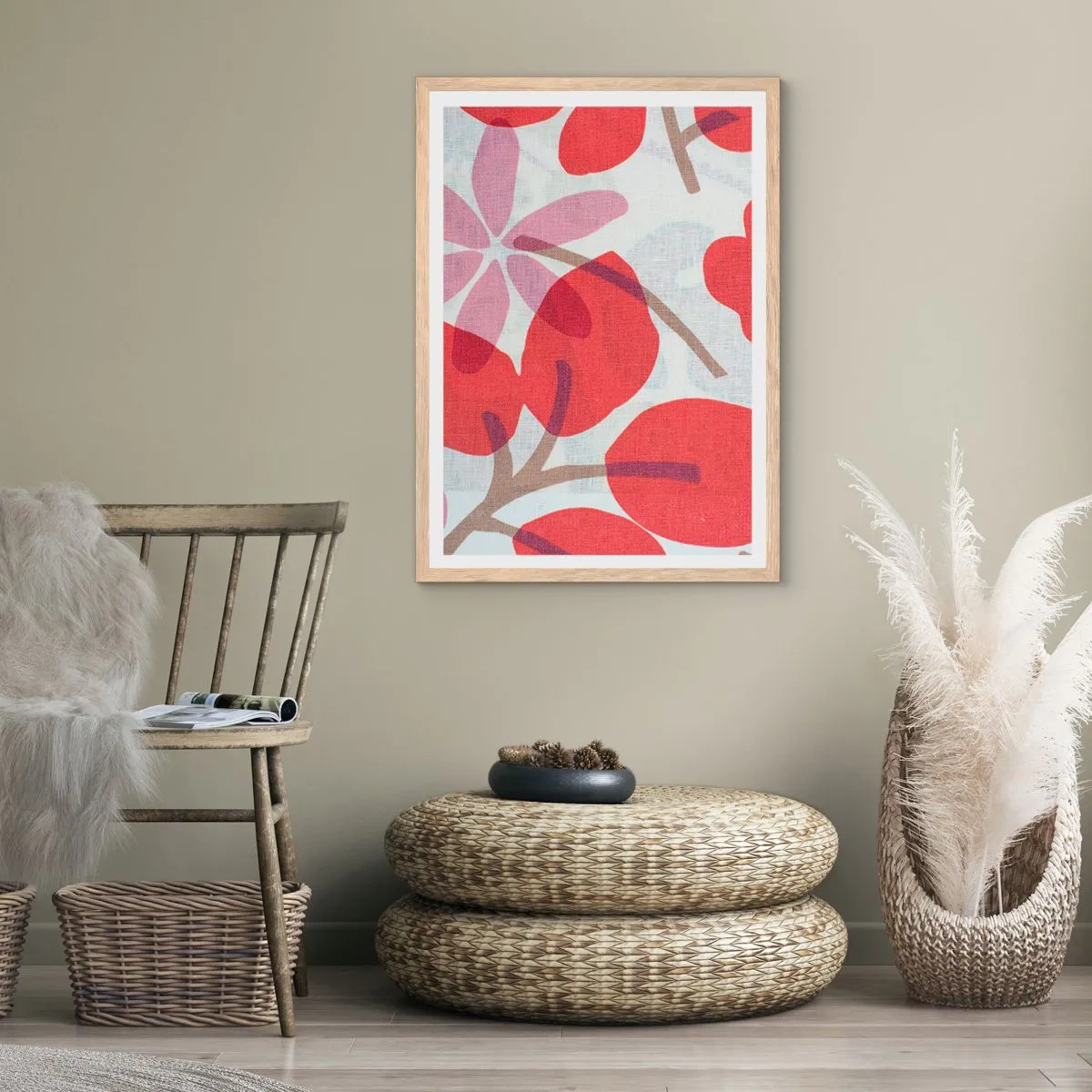 Pôster com moldura de carvalho claro - Arranjo de flores em rosa - 70x100 cm