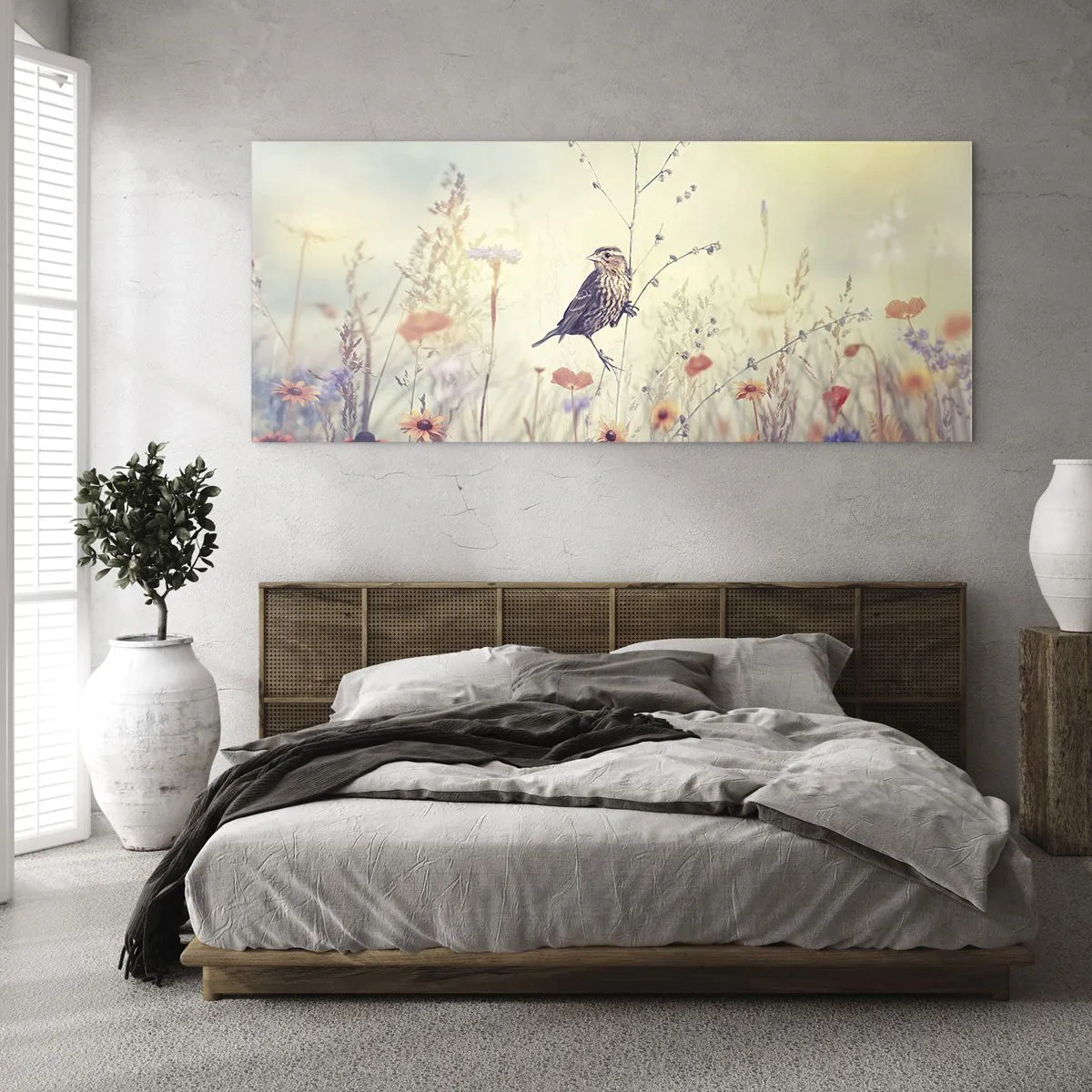 Quadro em vidro - Retrato de um pássaro com um prado no fundo - 120x50 cm