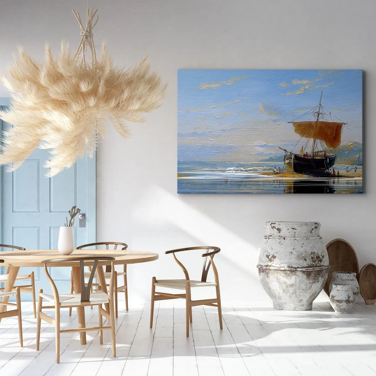Quadro em tela - Um navio na praia em um dia ensolarado - 70x50cm - Água, terra, ar - Decoração de parede moderna para a sala de estar e quarto ARTTOR