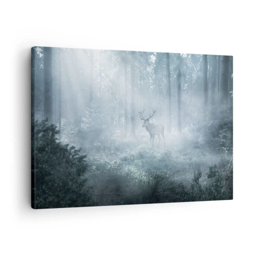 Quadro em tela - Um veado em uma floresta densa envolto em névoa matinal - 70x50cm - Passeio matinal à volta da propriedade - Decoração de parede moderna para a sala de estar e quarto ARTTOR