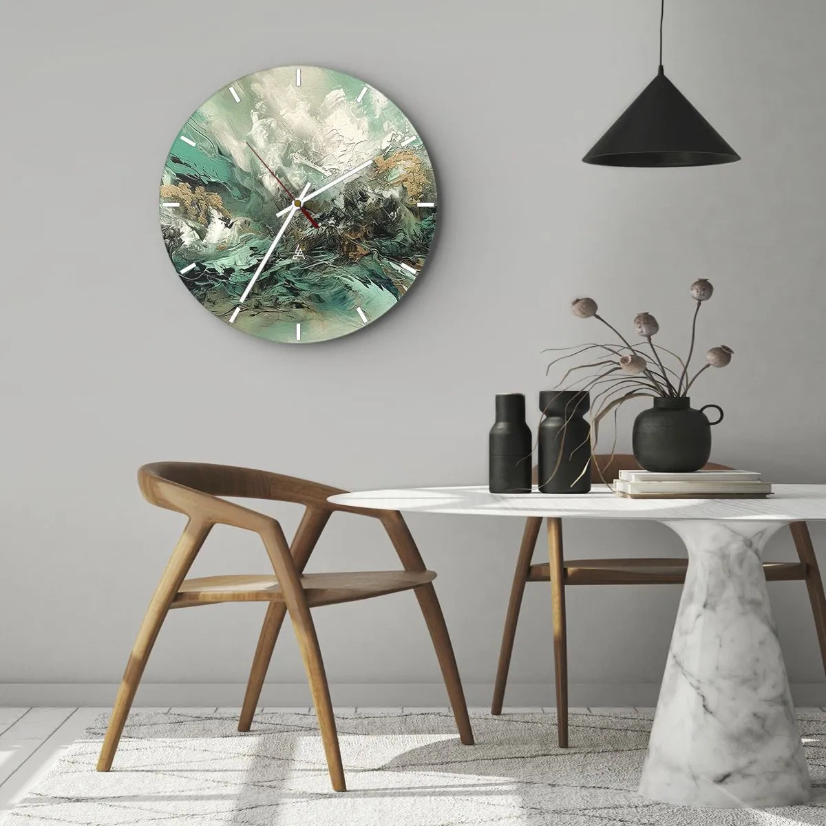Relógio de parede - Relógio em vidro - Abstração dinâmica em verde, branco e dourado - 30x30cm - Surf esmeralda e preto - Decoração de parede moderna para a sala de estar, cozinha e quarto ARTTOR