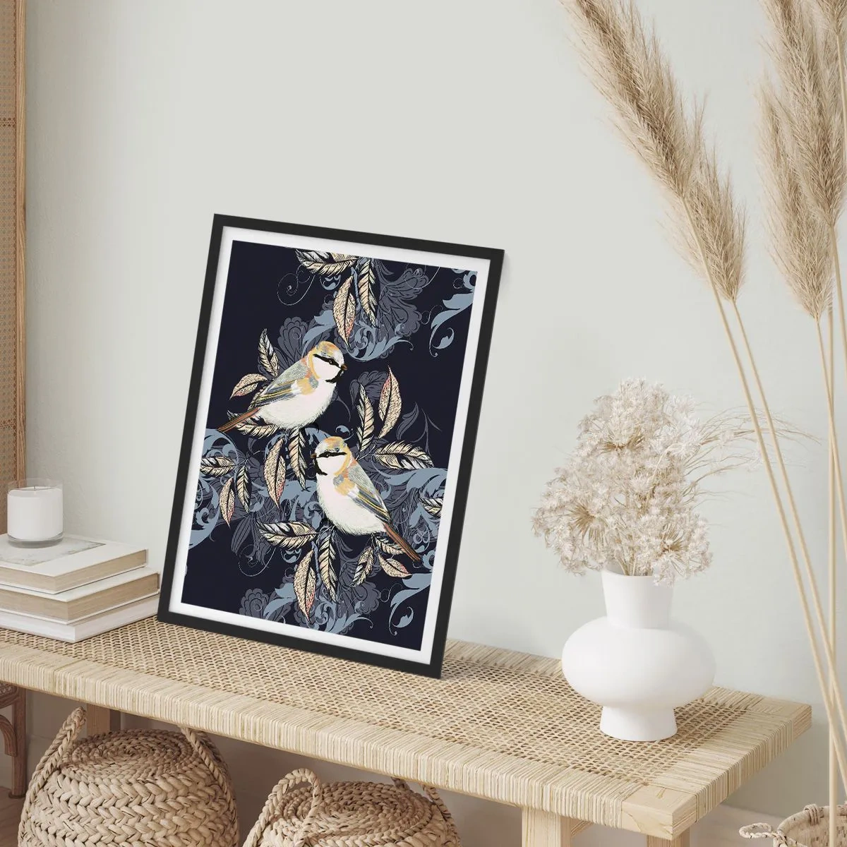 Pôster com moldura preta - Dois pássaros contra um fundo de folhas decorativas e ornamentos - 50x70cm - Canto amarelo-azul - Decoração de parede moderna para a sala de estar e quarto ARTTOR