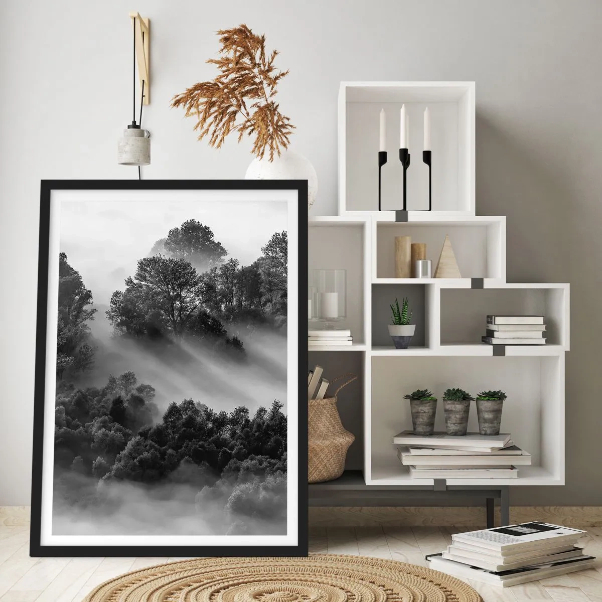 Pôster com moldura preta - Floresta enevoada em tons de preto e branco - 50x70cm - Levantar-se do sono - Decoração de parede moderna para a sala de estar e quarto ARTTOR