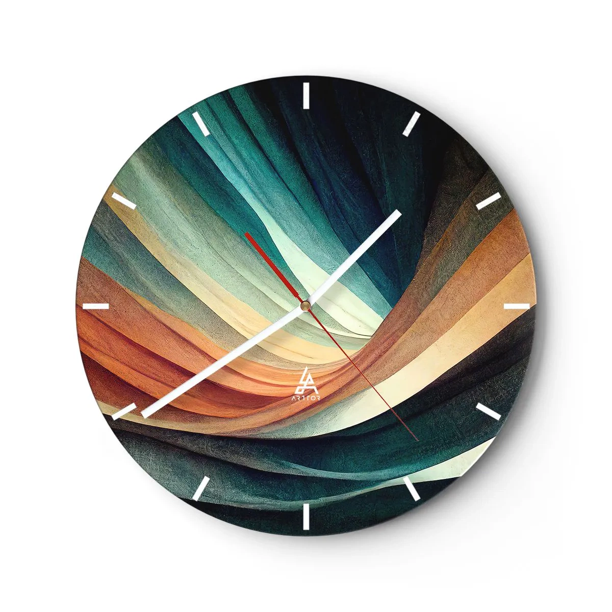 Relógio de parede - Relógio em vidro - Camadas onduladas de cor criam uma abstração de tecido - 30x30cm - Tecido de cores - Decoração de parede moderna para a sala de estar, cozinha e quarto ARTTOR