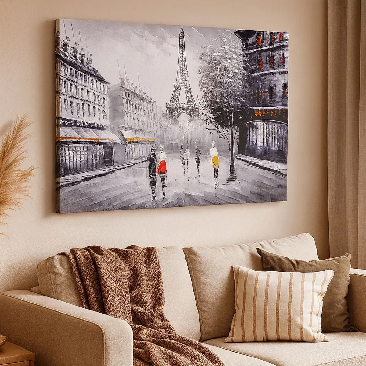Quadro em tela - Uma vista da Torre Eiffel em um ambiente monocromático com toques de cor - 70x50cm - Passeio em Paris - Decoração de parede moderna para a sala de estar e quarto ARTTOR