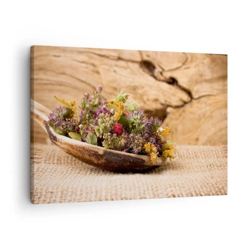 Quadro em tela - Ervas secas em uma colher de pau sobre um fundo de madeira natural - 70x50cm - Flores coloridas e ervas aromáticas - Decoração de parede moderna para a sala de estar e quarto ARTTOR
