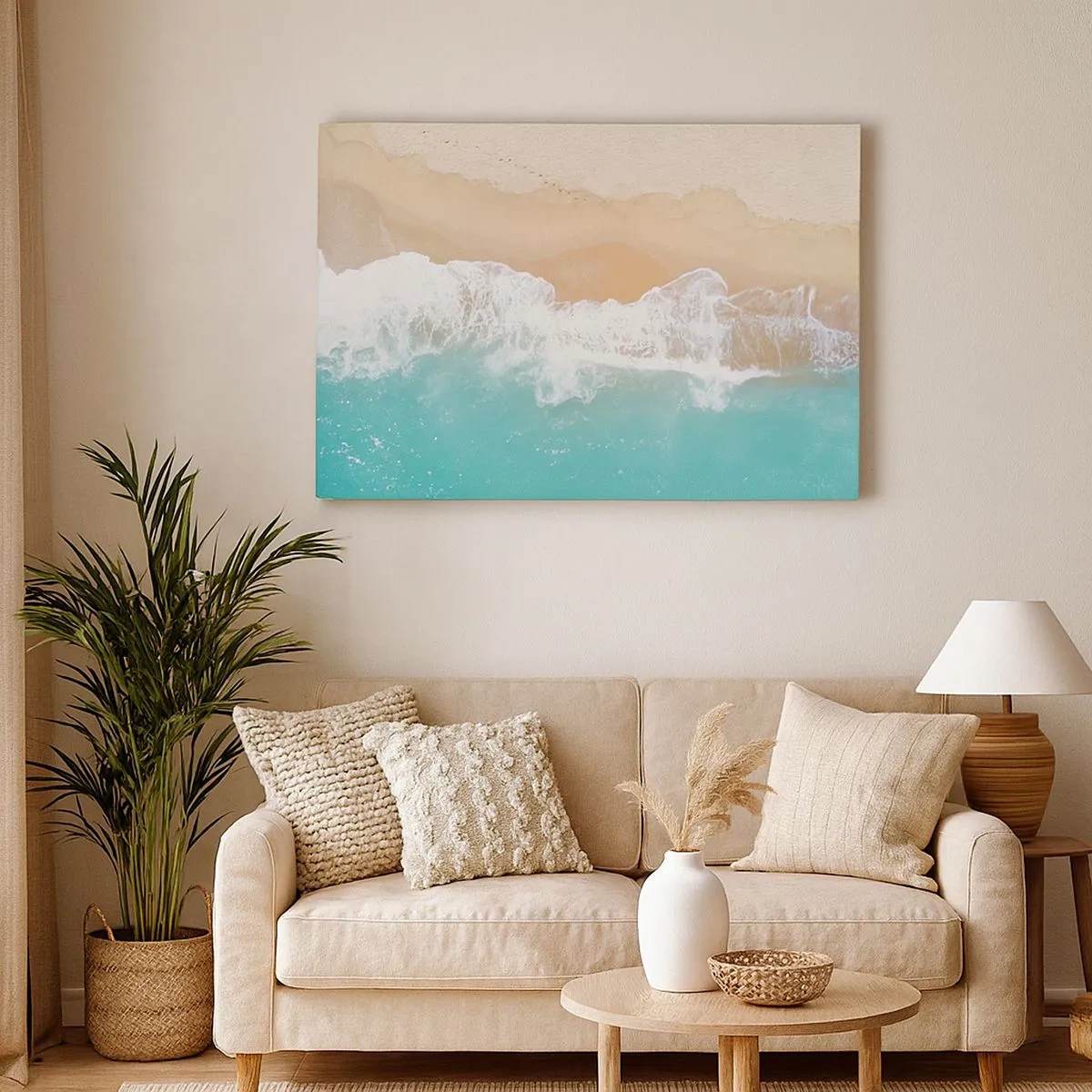 Quadro em tela - Uma vista aérea de uma praia com águas azul-turquesa e ondas suaves - 70x50cm - Toque carinhoso - Decoração de parede moderna para a sala de estar e quarto ARTTOR
