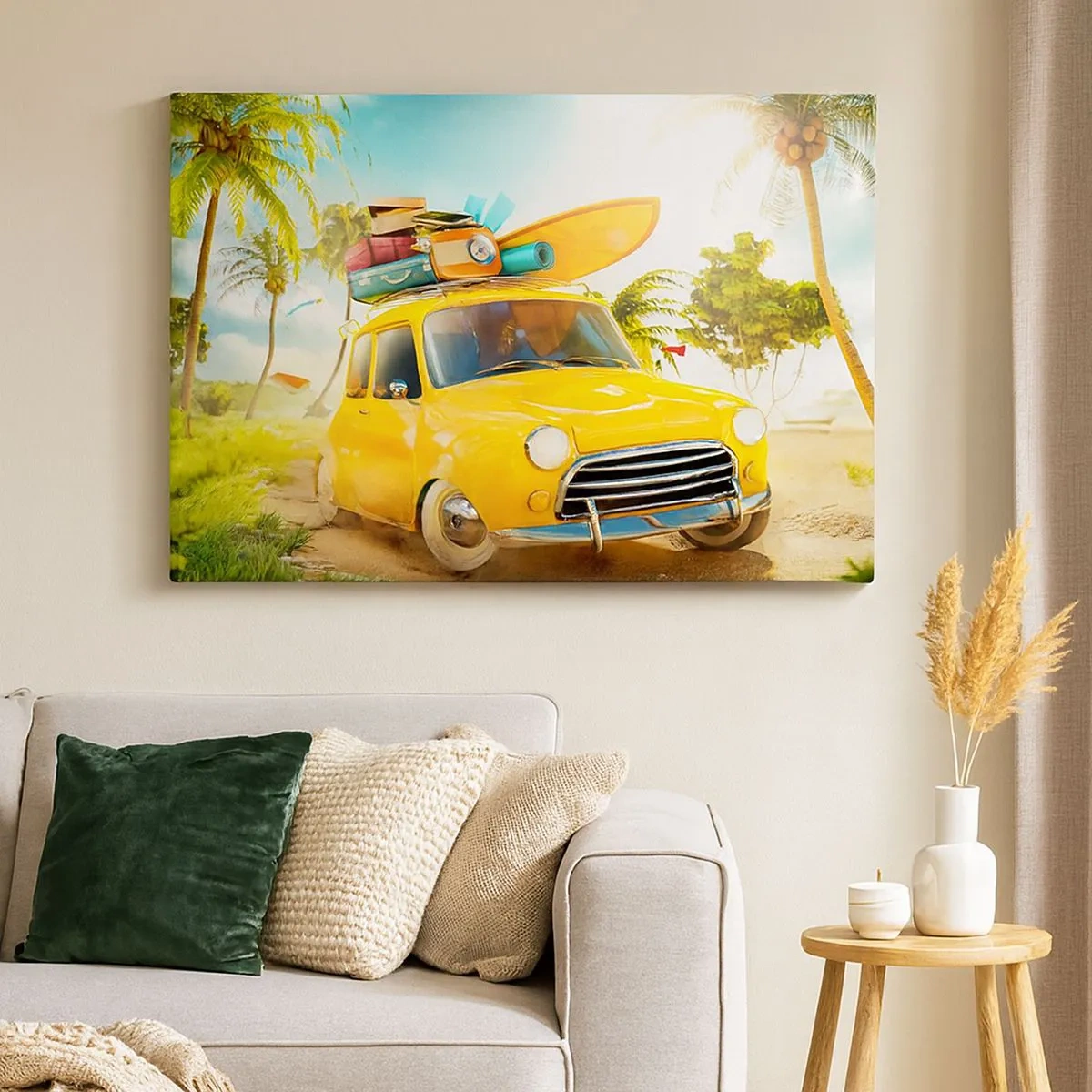 Quadro em tela - Um carro amarelo com bagagem contra uma paisagem tropical - 70x50cm - Uma viagem para mais do que um sorriso - Decoração de parede moderna para a sala de estar e quarto ARTTOR