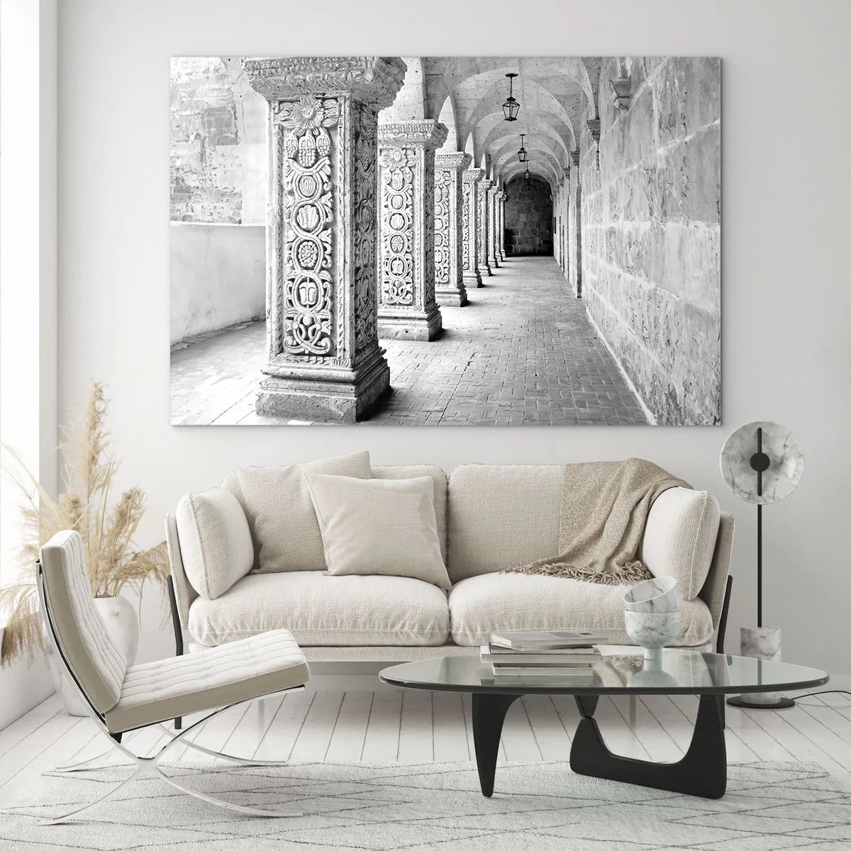 Quadro em vidro - Claustro histórico com colunas esculpidas - 70x50cm - E para onde...? - Decoração de parede moderna para a sala de estar e quarto ARTTOR
