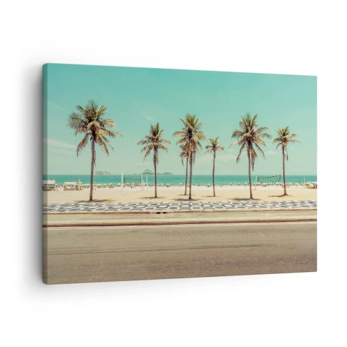 Quadro em tela - Palmeiras na praia com vista para o mar e o céu azul - 70x50cm - Em guarda da praia - Decoração de parede moderna para a sala de estar e quarto ARTTOR