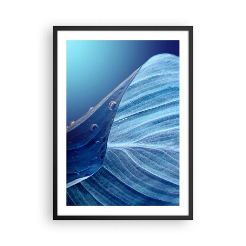 Pôster com moldura preta - Uma folha com gotas de água em tons de azul - 50x70cm - Gotas escondidas no azul - Decoração de parede moderna para a sala de estar e quarto ARTTOR