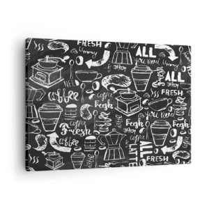 Quadro em tela - Gráficos elegantes de café em um fundo preto - 70x50cm - Tudo o que precisa é... - Decoração de parede moderna para a sala de estar e quarto ARTTOR