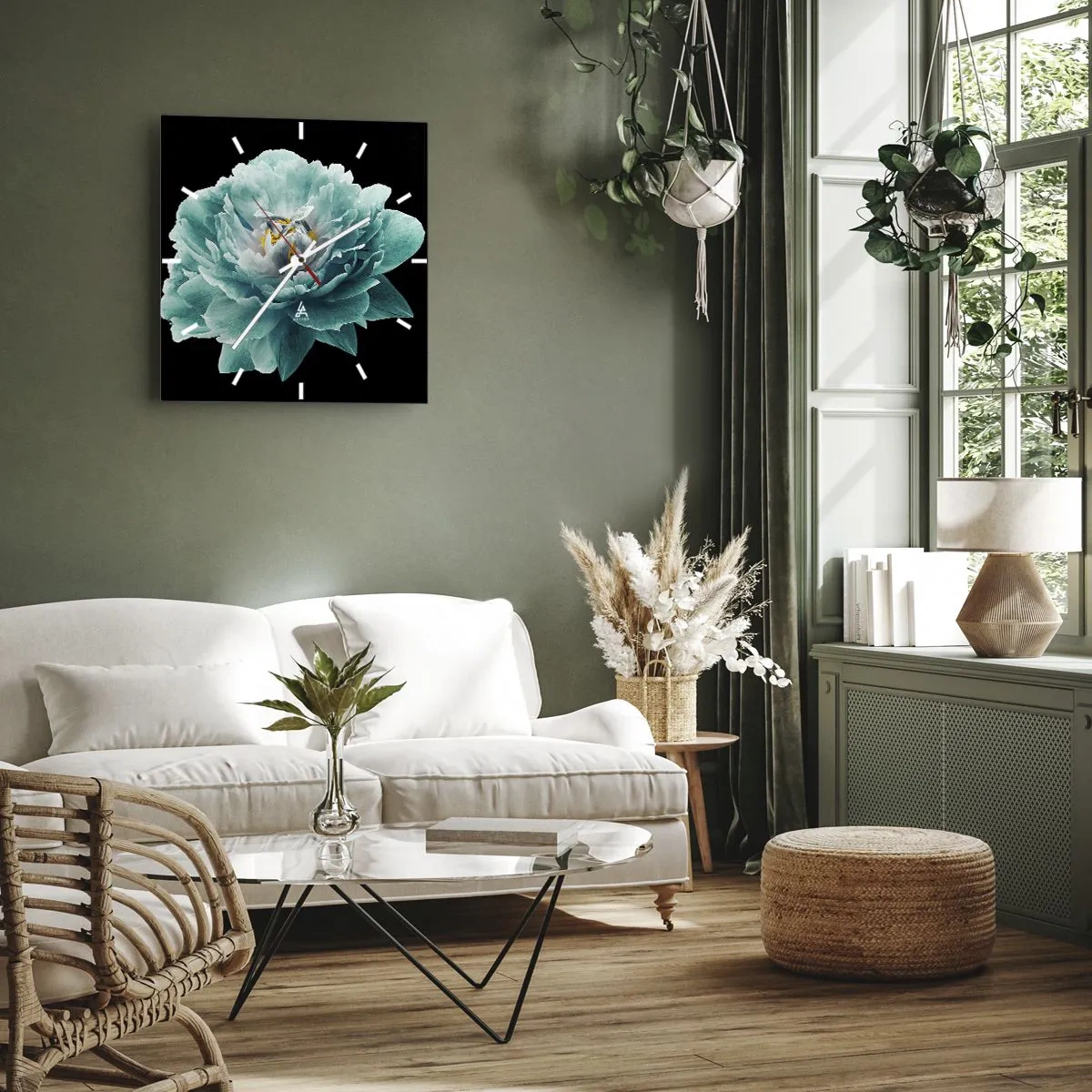 Relógio de parede - Relógio em vidro - Pétalas azuis e douradas - 40x40 cm