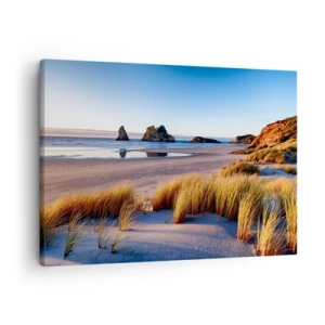 Quadro em tela - Uma praia pitoresca com vista para as rochas e o mar ao pôr do sol - 70x50cm - Para quem busca a paz - Decoração de parede moderna para a sala de estar e quarto ARTTOR