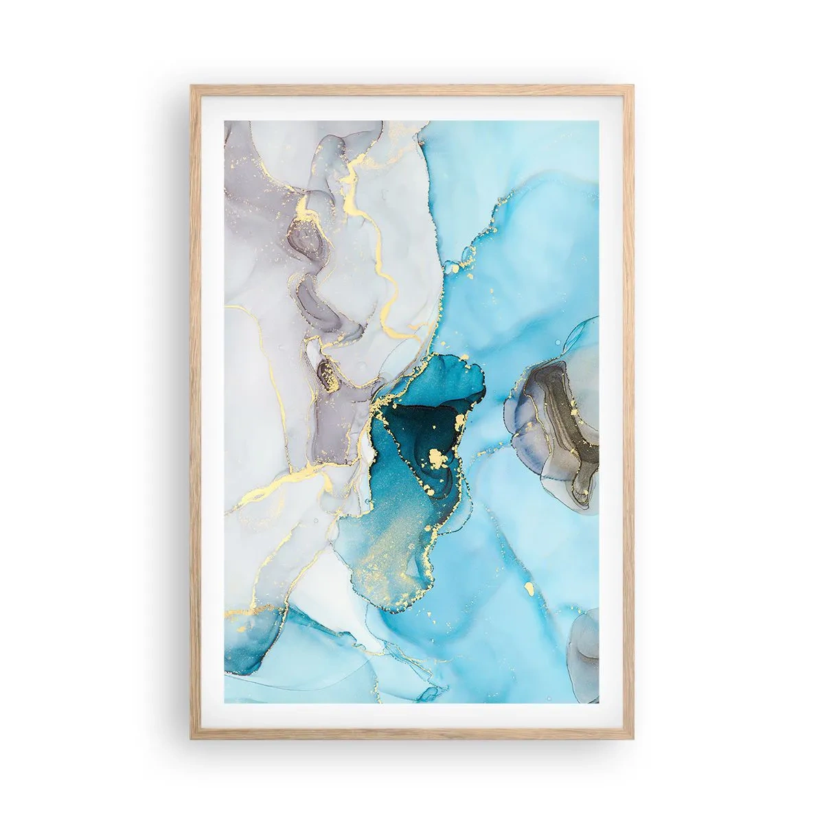 Pôster com moldura de carvalho claro - Estudo do encontro do cinza e turquesa - 61x91 cm