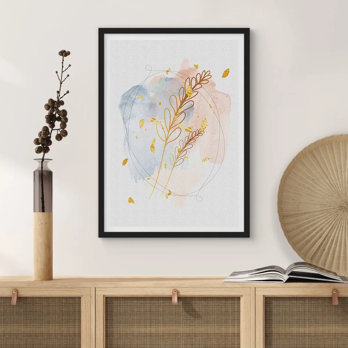 Pôster com moldura preta - Uma delicada composição botânica com detalhes dourados - 50x70cm - Explosão dourada - Decoração de parede moderna para a sala de estar e quarto ARTTOR