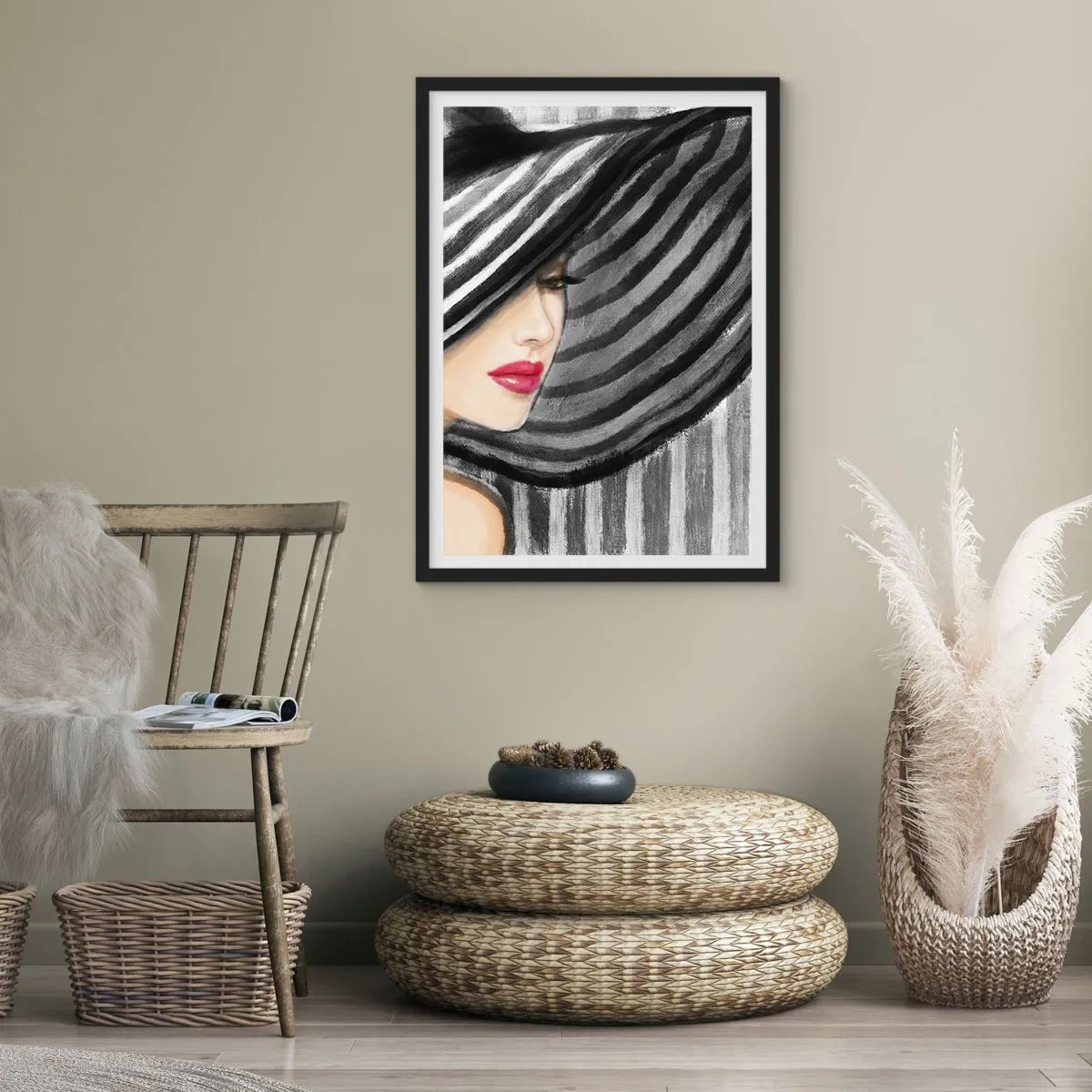 Pôster com moldura preta - Uma mulher com um chapéu largo e lábios vermelhos - 50x70cm - Onde encontrar-te? - Decoração de parede moderna para a sala de estar e quarto ARTTOR