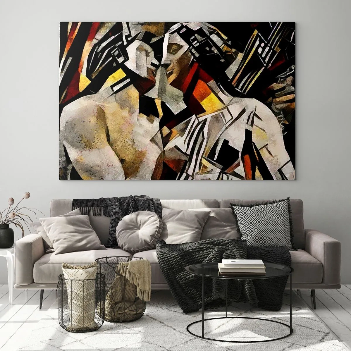 Quadro em vidro - Casal abstrato em padrões geométricos - 70x50cm - Beijo da estátua - Decoração de parede moderna para a sala de estar e quarto ARTTOR