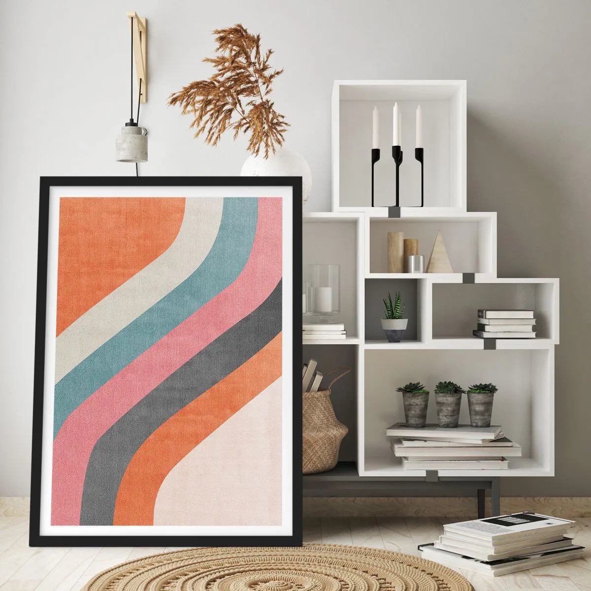 Pôster com moldura preta - Listras geométricas retrô - 50x70cm - Composição diagonal – movimento - Decoração de parede moderna para a sala de estar e quarto ARTTOR