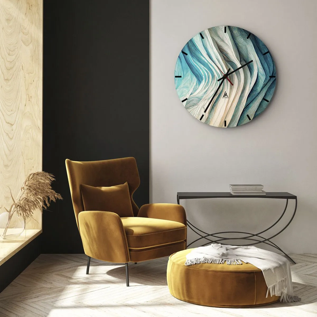 Relógio de parede - Relógio em vidro - Ondas orgânicas em tons de azul, bege e turquesa - 30x30cm - Insaciabilidade azul - Decoração de parede moderna para a sala de estar, cozinha e quarto ARTTOR