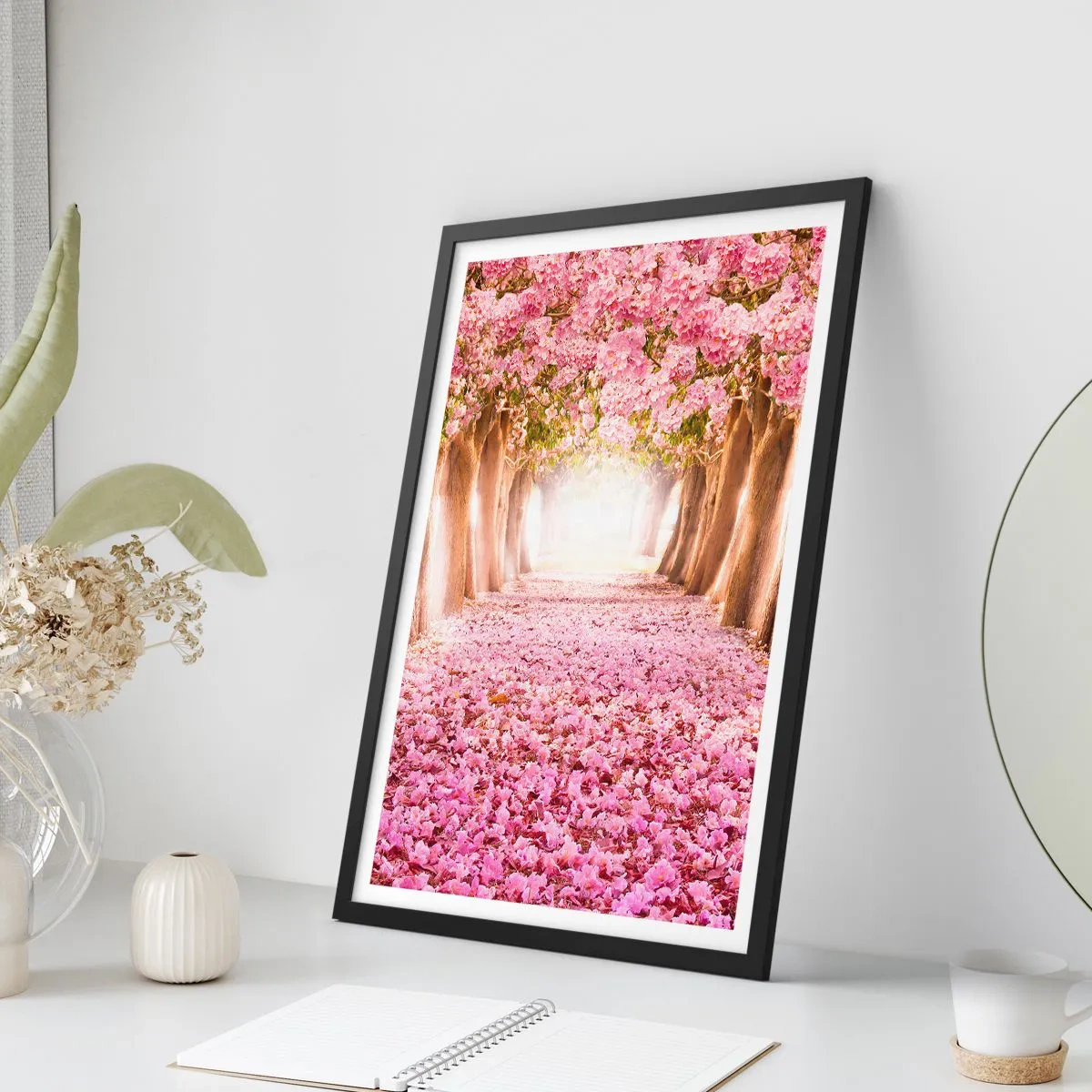 Pôster com moldura preta - Uma avenida de cerejeiras com um tapete floral rosa - 50x70cm - O Caminho para o Paraíso - Decoração de parede moderna para a sala de estar e quarto ARTTOR