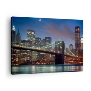 Quadro em tela - Ponte da cidade de Nova York à noite com edifícios iluminados - 70x50cm - Noite brilhante - Decoração de parede moderna para a sala de estar e quarto ARTTOR