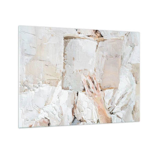 Quadro em vidro - Uma pessoa imersa na leitura de um livro sobre um fundo brilhante e impressionista - 70x50cm - Em outro mundo - Decoração de parede moderna para a sala de estar e quarto ARTTOR