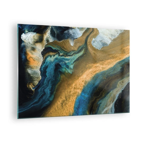 Quadro em vidro - Composição abstrata em tons de azul e dourado - 70x50cm - Azul – amarelo – influências mútuas - Decoração de parede moderna para a sala de estar e quarto ARTTOR