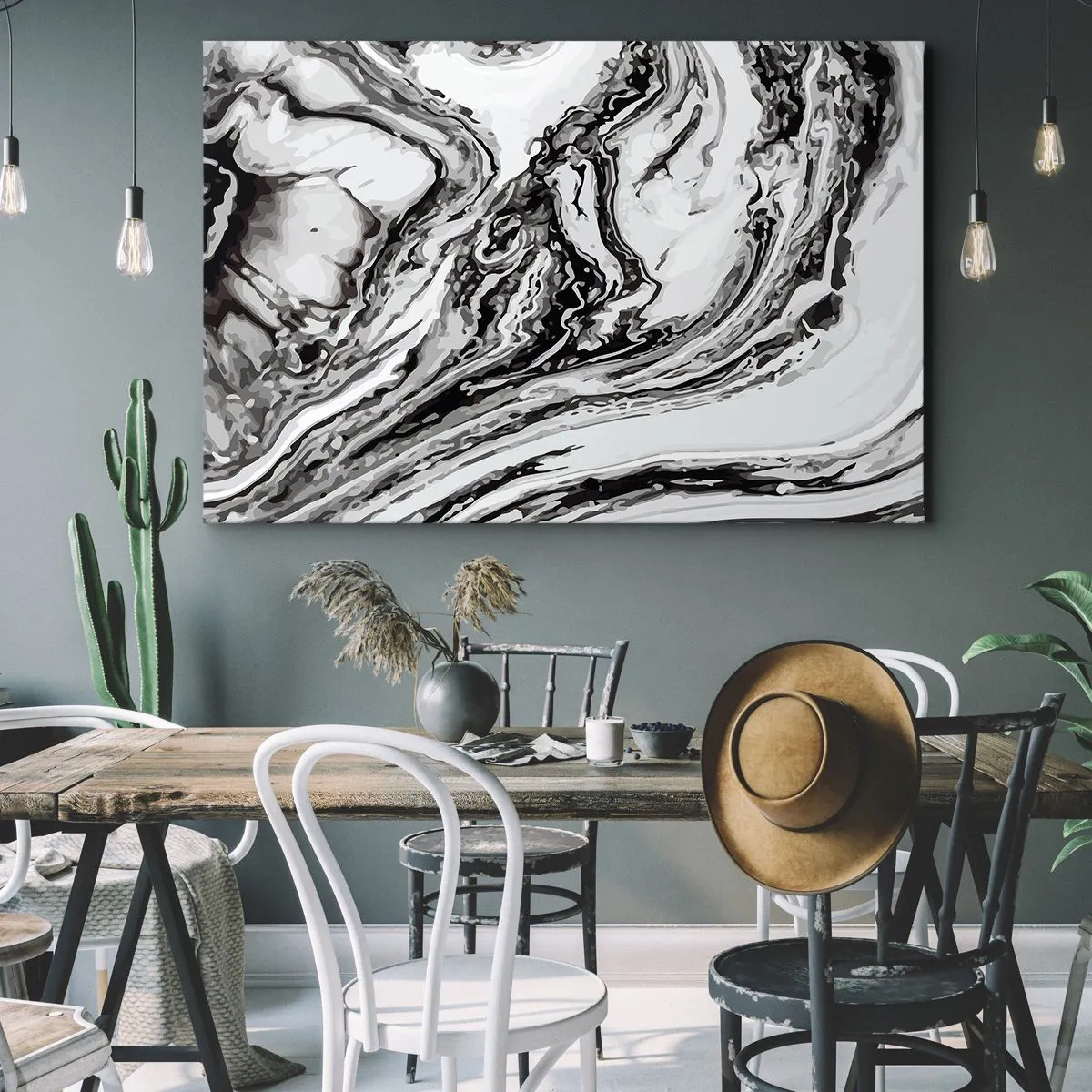 Quadro em tela - Padrão abstrato de mármore em preto e branco - 70x50cm - No princípio, era o caos - Decoração de parede moderna para a sala de estar e quarto ARTTOR