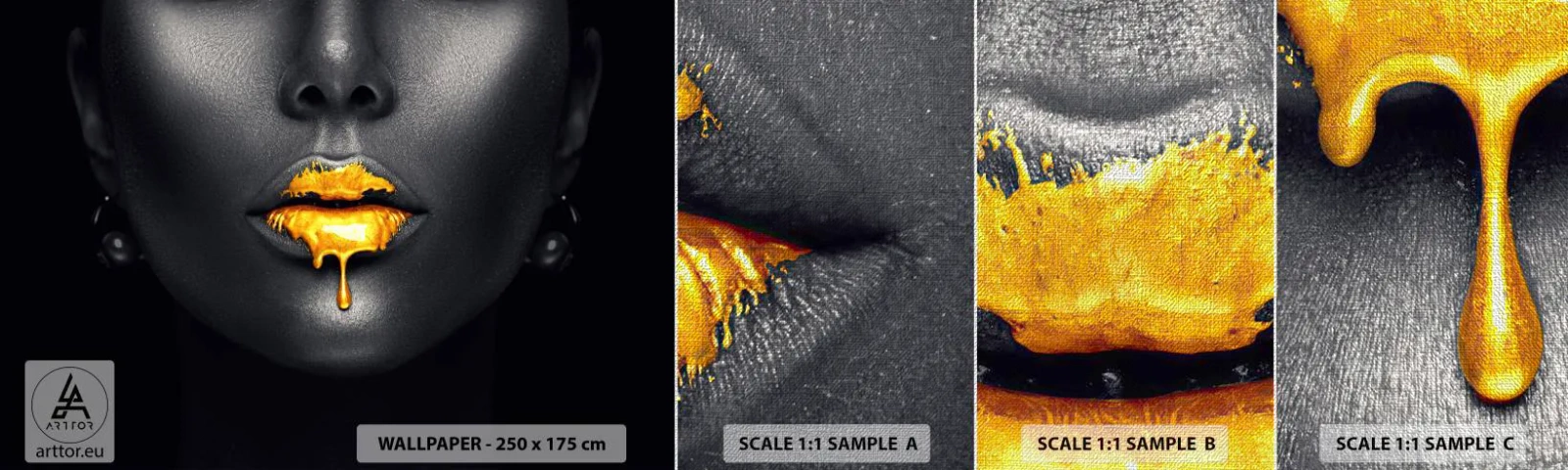 Amostra de papel de parede Premium Canvas - Boca dourada - Abstração, Boca de mulher, Rosto de Mulher - 100x30 cm