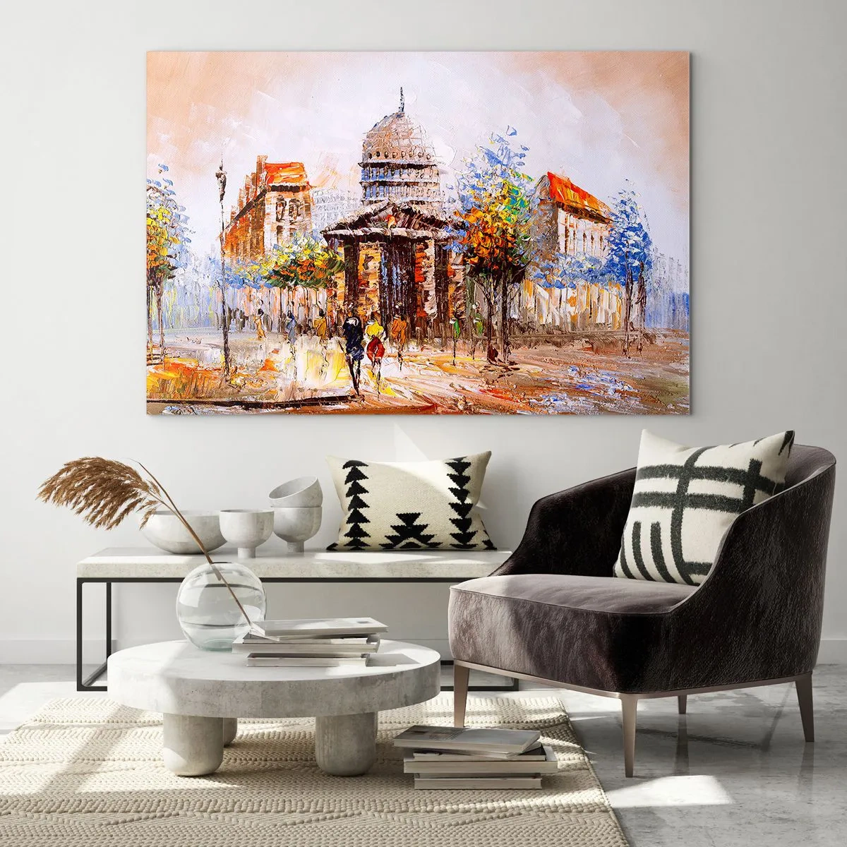 Quadro em vidro - Uma rua pitoresca da cidade com um edifício histórico ao fundo - 70x50cm - Passeio por Paris - Decoração de parede moderna para a sala de estar e quarto ARTTOR