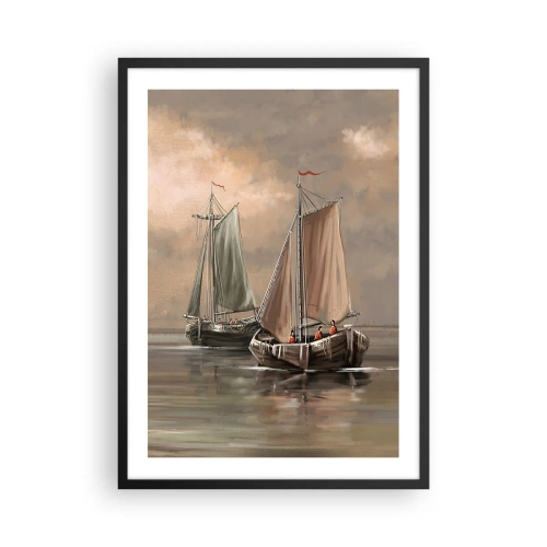 Pôster com moldura preta - Veleiros em mar calmo em tons pastel - 50x70cm - Regresso dos marinheiros - Decoração de parede moderna para a sala de estar e quarto ARTTOR