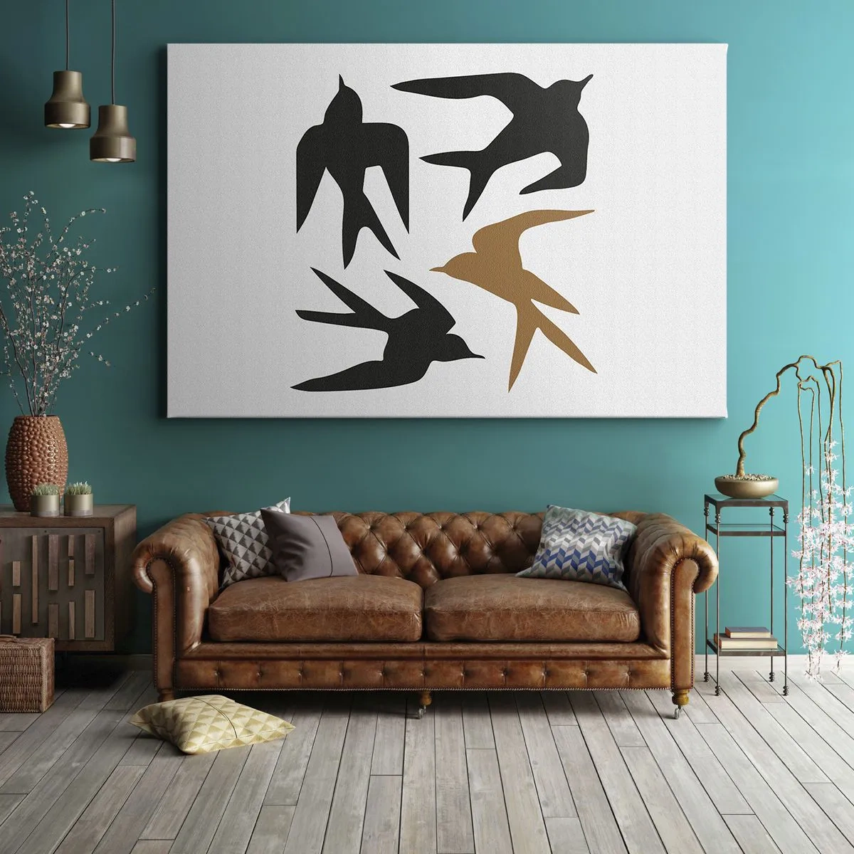 Quadro em tela - Silhuetas de andorinhas em preto e dourado - 70x50cm - Engula a diversão - Decoração de parede moderna para a sala de estar e quarto ARTTOR