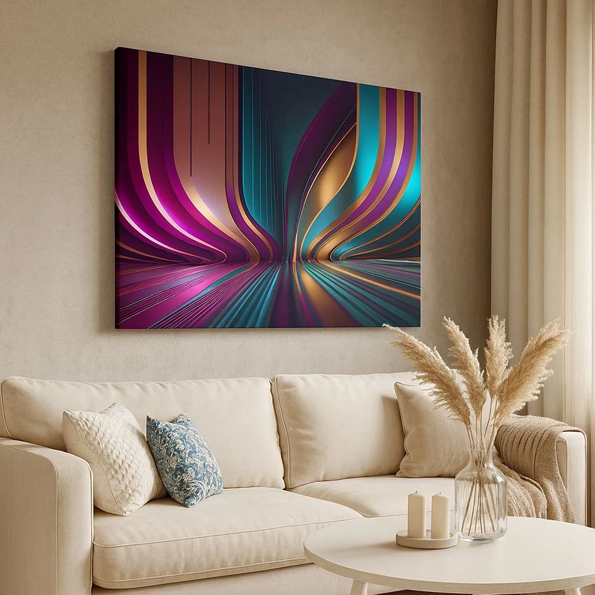 Quadro em tela - Abstração futurista com cores e curvas intensas - 70x50cm - Arquitetura de luz - Decoração de parede moderna para a sala de estar e quarto ARTTOR