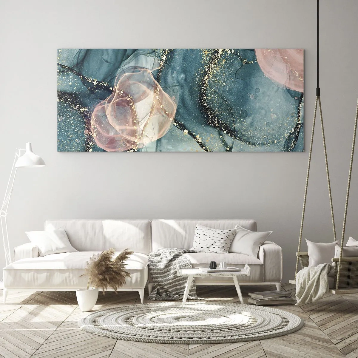Quadro em vidro - Azul seda, rosa tule - 100x40 cm
