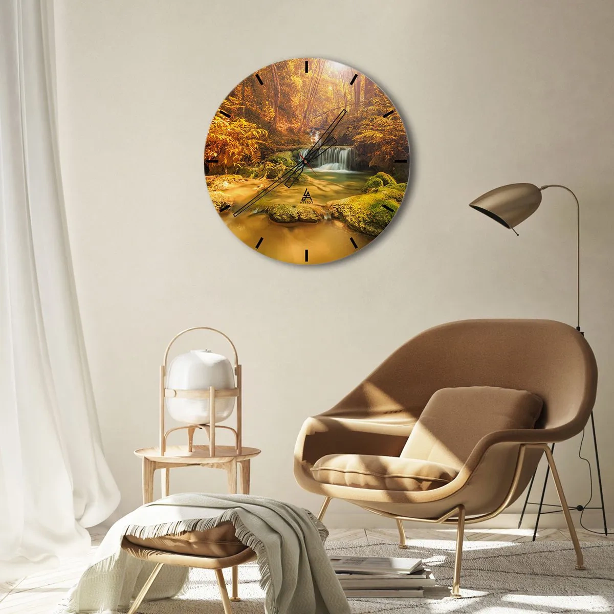 Relógio de parede - Relógio em vidro - Cascata na floresta em ouro - 40x40 cm