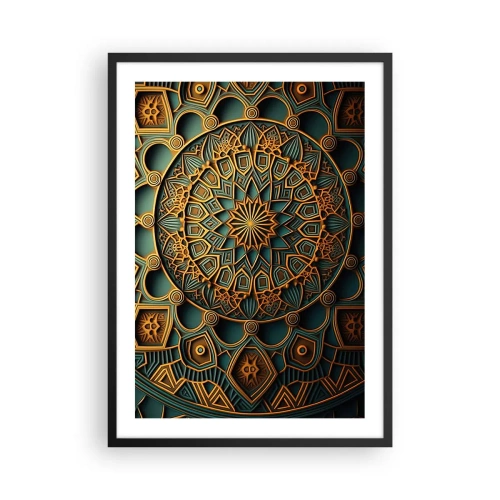 Pôster com moldura preta - Mandala dourada sobre fundo escuro - 50x70cm - Em uma atmosfera árabe - Decoração de parede moderna para a sala de estar e quarto ARTTOR