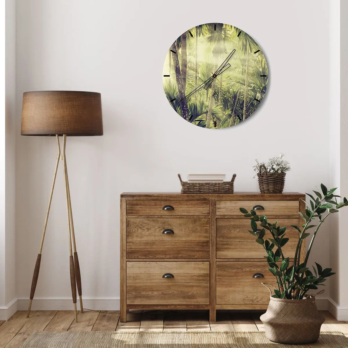 Relógio de parede - Relógio em vidro - Floresta tropical de palmeiras sob os raios do sol - 30x30cm - No calor verde - Decoração de parede moderna para a sala de estar, cozinha e quarto ARTTOR
