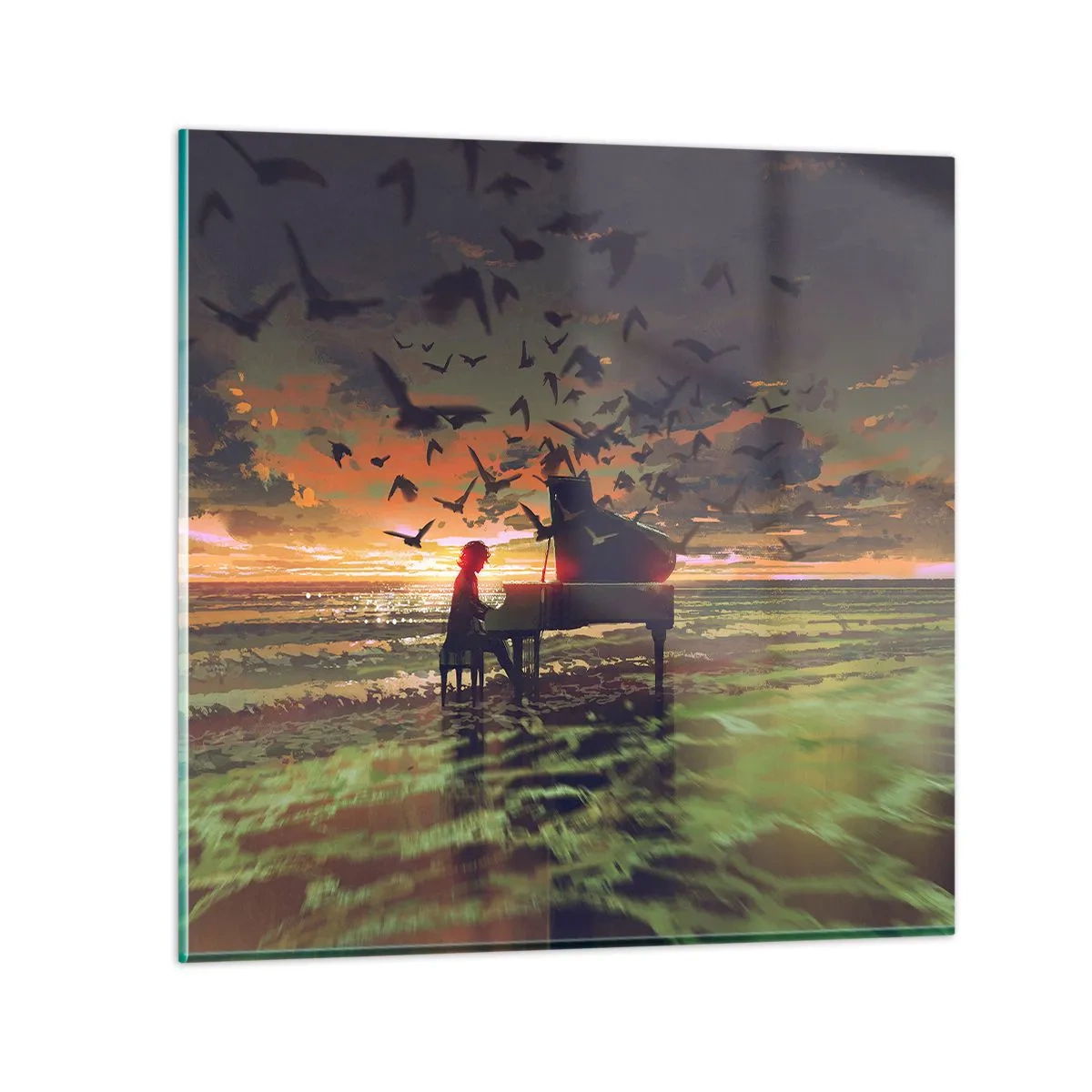 Quadro em vidro - Um concerto de piano e ondas - 30x30 cm