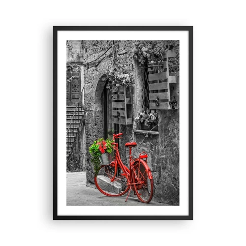 Pôster com moldura preta - Uma bicicleta vermelha com flores em uma rua estreita - 50x70cm - Beco da Toscana - Decoração de parede moderna para a sala de estar e quarto ARTTOR
