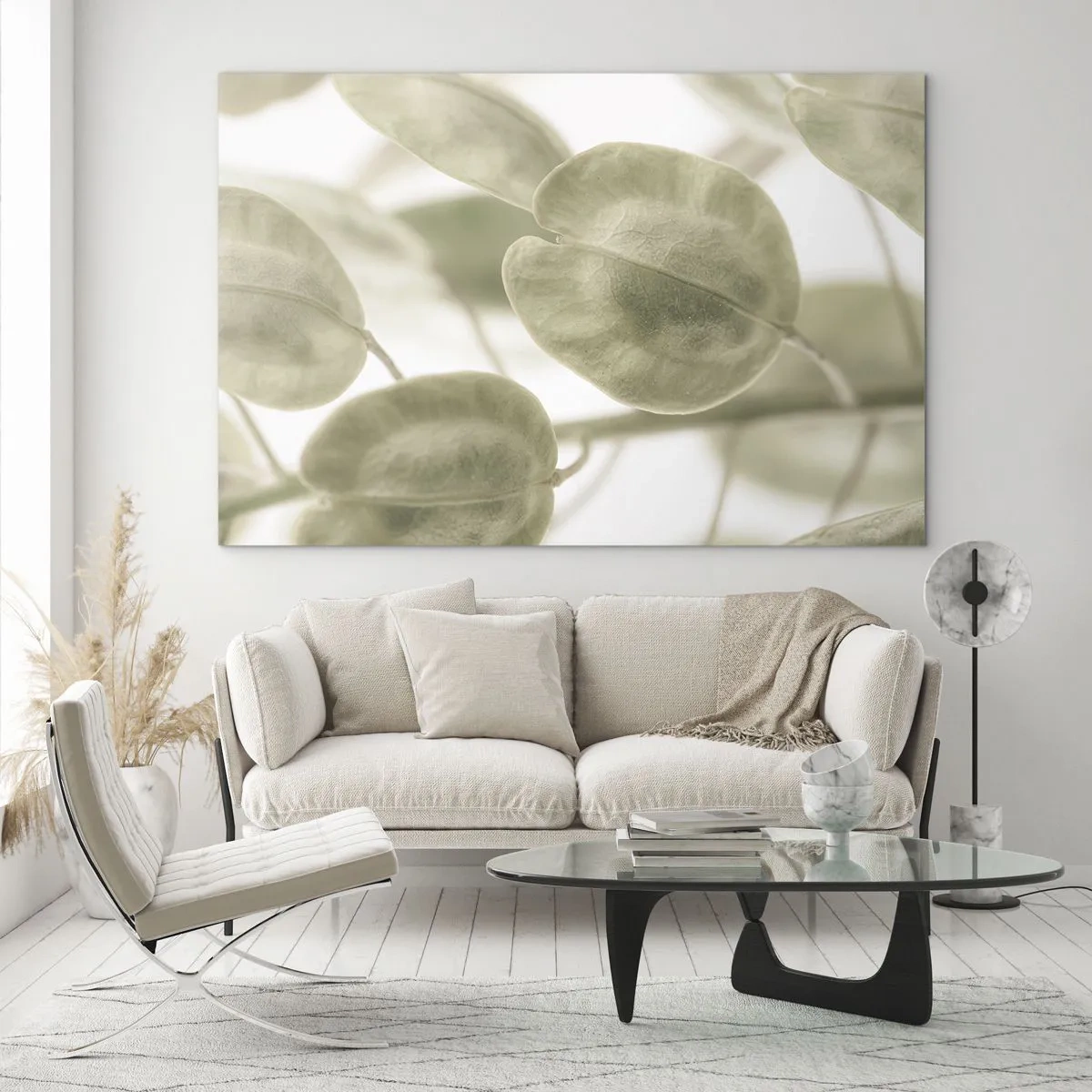 Quadro em vidro - Close-up de folhas em tons pastéis suaves de verde - 70x50cm - No começo eram folhas... - Decoração de parede moderna para a sala de estar e quarto ARTTOR