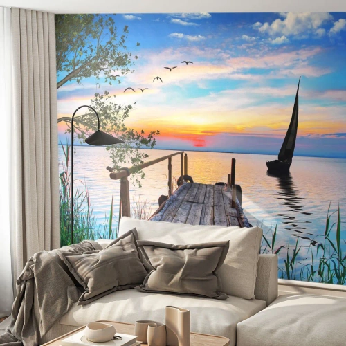 Papel de Parede Premium Sand - Boa noite - Paisagem, Lago, Ponte de madeira - 450x315 cm