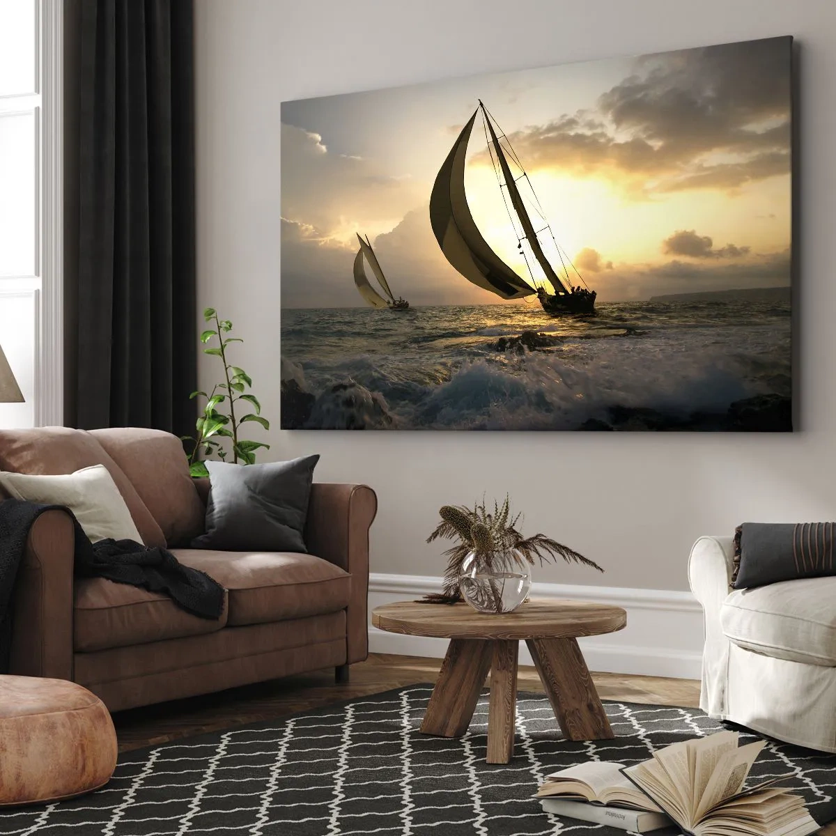 Quadro em tela - Veleiros no mar durante o pôr do sol - 70x50cm - Com o vento e contra o vento - Decoração de parede moderna para a sala de estar e quarto ARTTOR