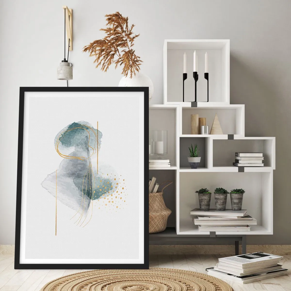 Pôster com moldura preta - Uma composição abstrata com respingos de aquarela e detalhes dourados. - 50x70cm - Sobre a relação entre o cinza e o dourado - Decoração de parede moderna para a sala de estar e quarto ARTTOR