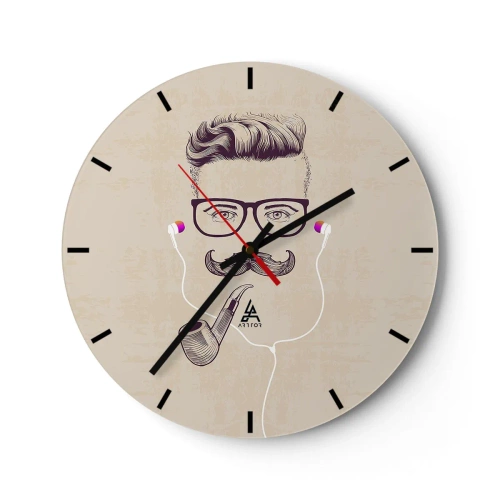 Relógio de parede - Relógio em vidro - Ilustração de um rosto com bigode, óculos, cachimbo e fones de ouvido - 30x30cm - Um homem de verdade? - Decoração de parede moderna para a sala de estar, cozinha e quarto ARTTOR