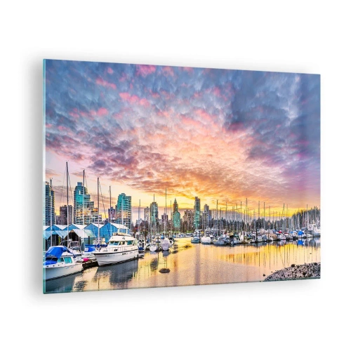 Quadro em vidro - Pôr do sol sobre a marina com barcos e arranha-céus - 70x50cm - Cidade de mil marinheiros - Decoração de parede moderna para a sala de estar e quarto ARTTOR