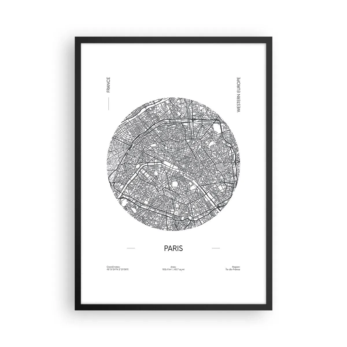 Pôster com moldura preta - Mapa minimalista de Paris em um círculo - 50x70cm - Anatomia de Paris - Decoração de parede moderna para a sala de estar e quarto ARTTOR