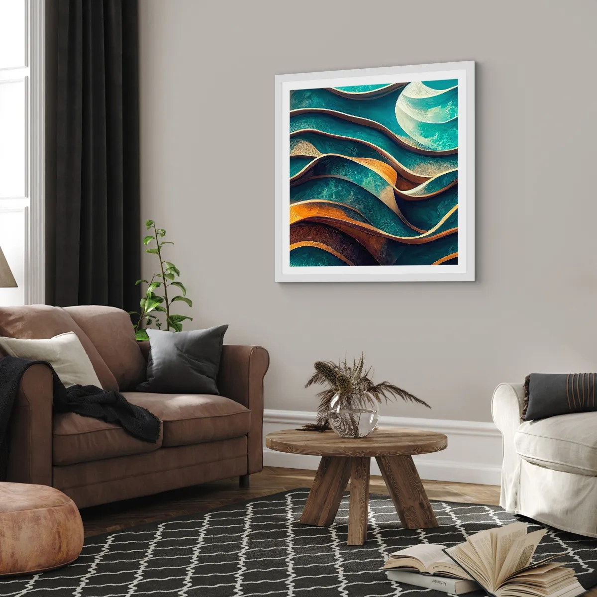 Pôster em moldura branca - Meandros de azul - 30x30 cm