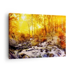 Quadro em tela - Floresta de outono com um riacho entre folhas douradas - 70x50cm - Pedras emolduradas em ouro e platina - Decoração de parede moderna para a sala de estar e quarto ARTTOR